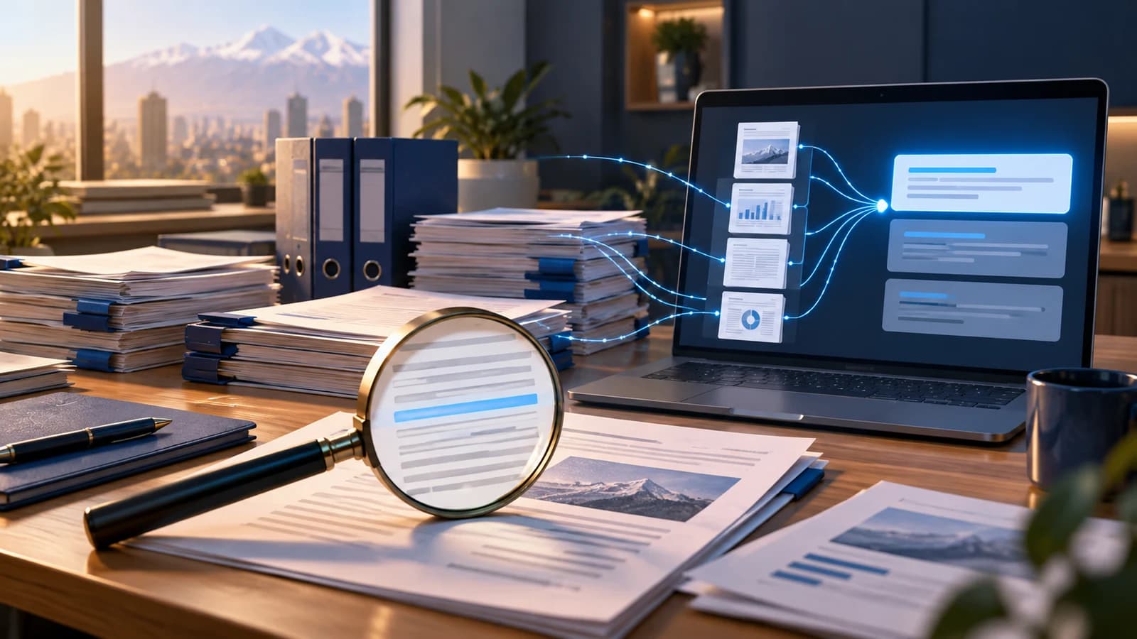 Documentos conectados a un asistente digital y una lupa que destaca información