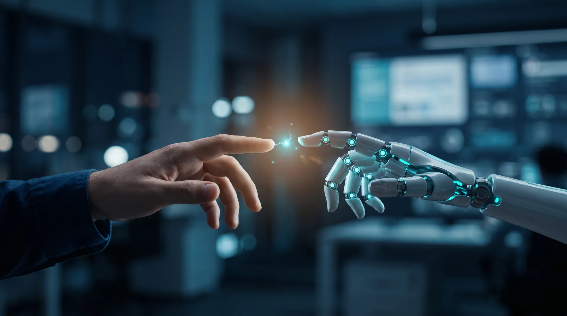 Mano humana y mano robótica a punto de tocarse, símbolo de colaboración con la IA