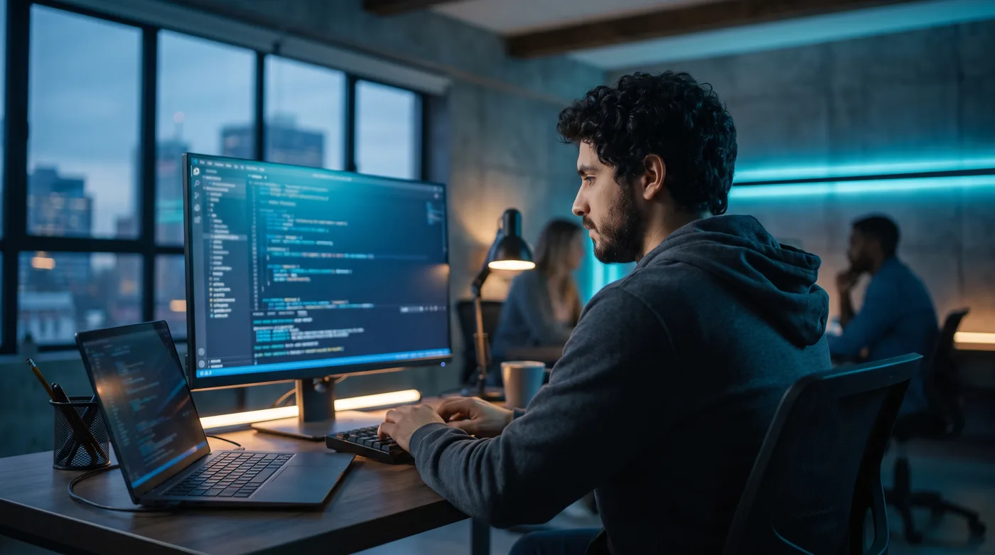 Desarrollador programando una solución sobre las herramientas de la empresa