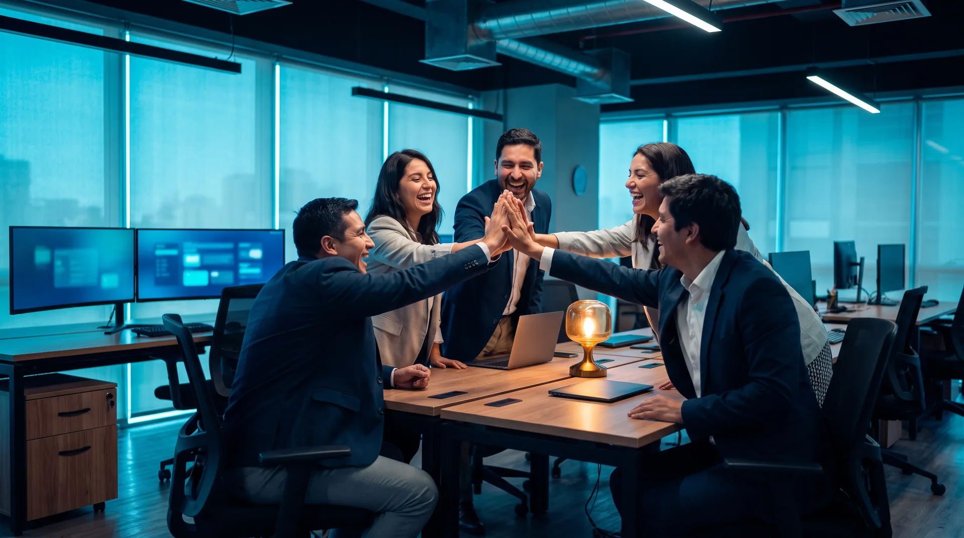 Equipo celebrando un logro en la oficina