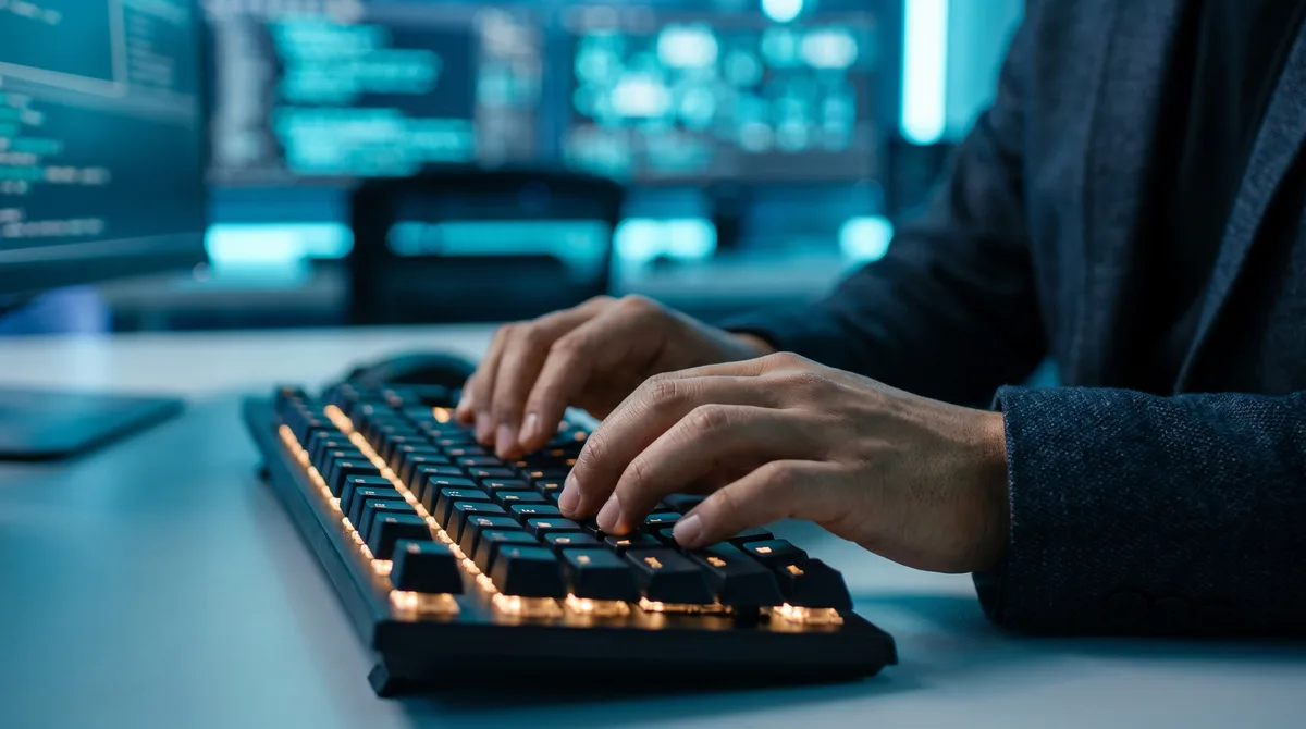 Manos trabajando sobre un teclado con las herramientas de IA en pantalla