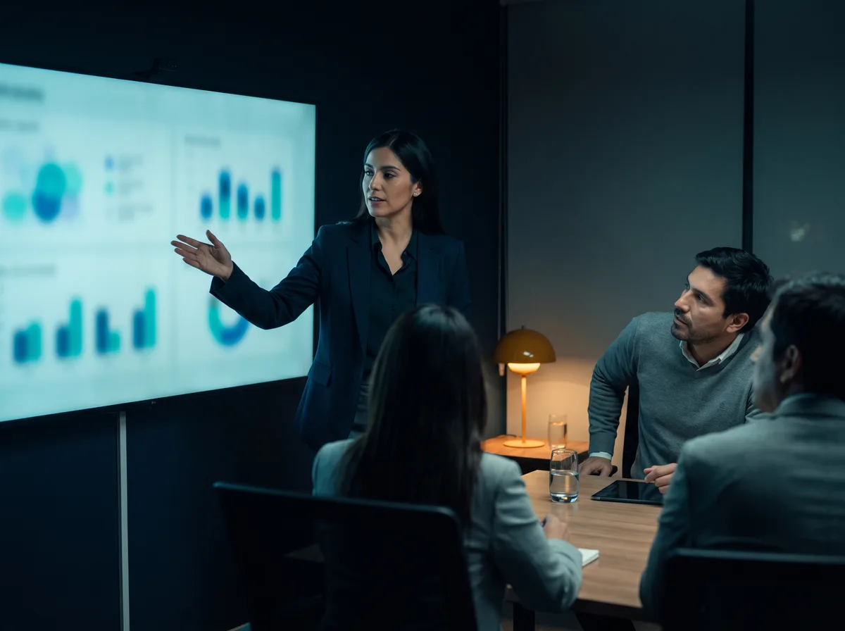 Profesional presentando el diagnóstico con gráficos al equipo