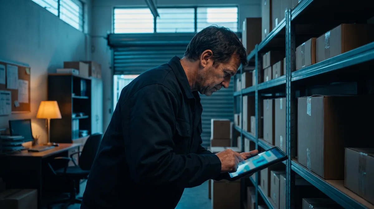 Trabajador de bodega revisando inventario en una tablet